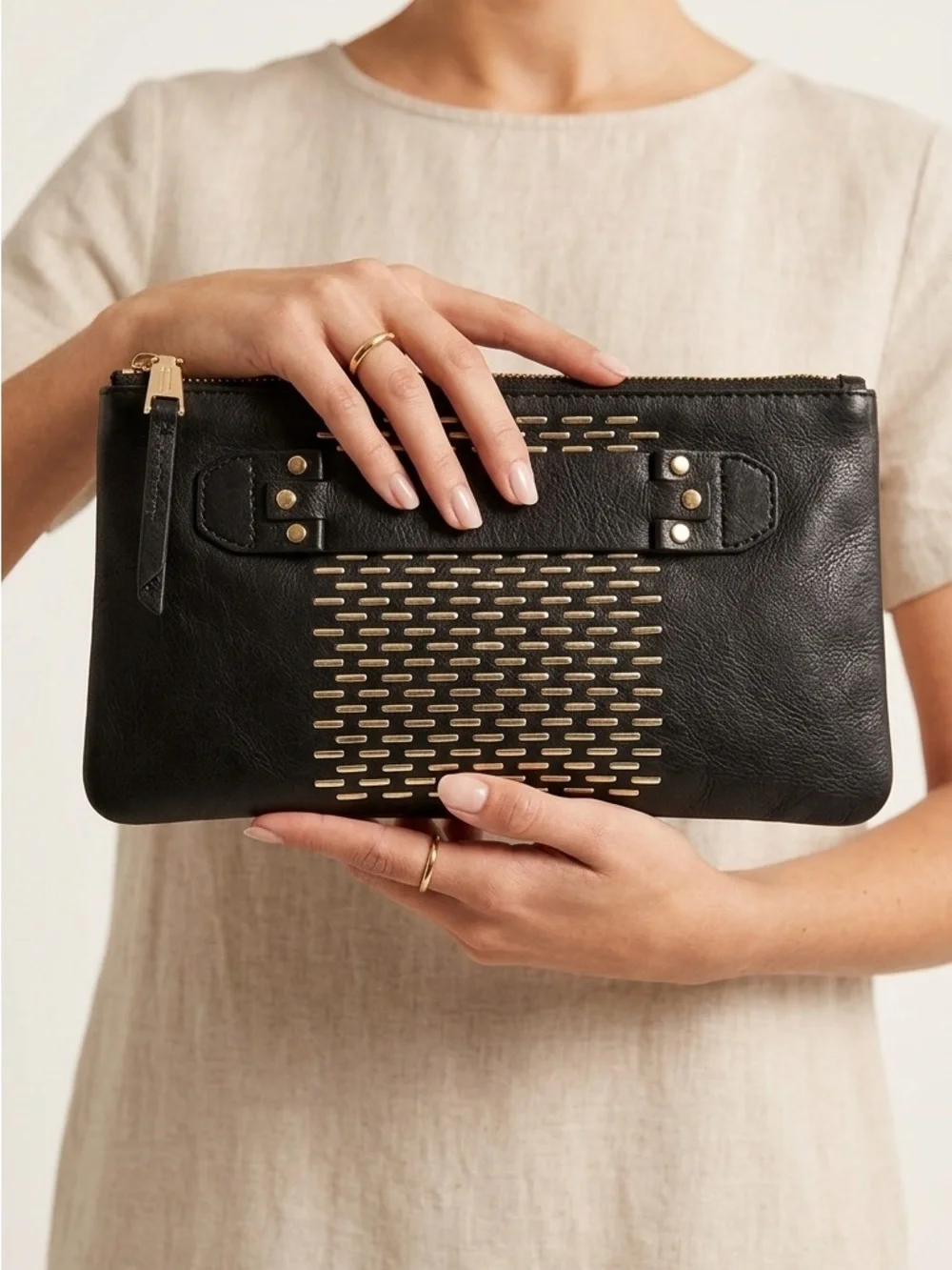 She + Lo Elegant Black Leather Wristlet Clutch with Gold Accent